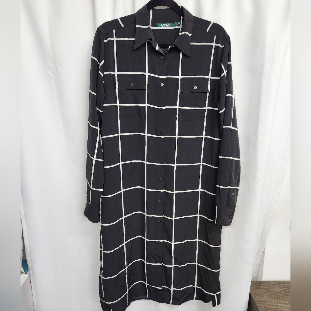 Lauren Ralph Lauren Grid Pattern Button Down Long Sleeve Dress Womens 12 Black